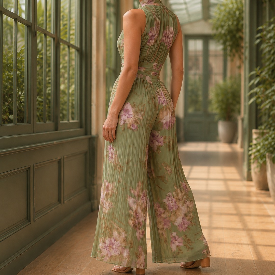 Women's Vivienne Wide Leg Jumpsuit in Olive Green Floral | Invictora.com