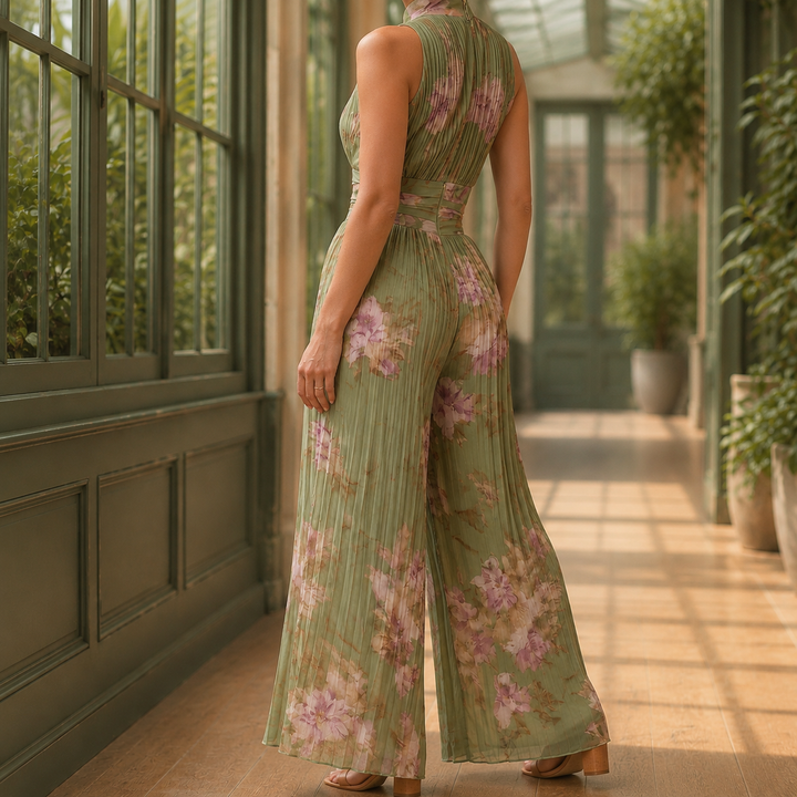 Women's Vivienne Wide Leg Jumpsuit in Olive Green Floral | Invictora.com