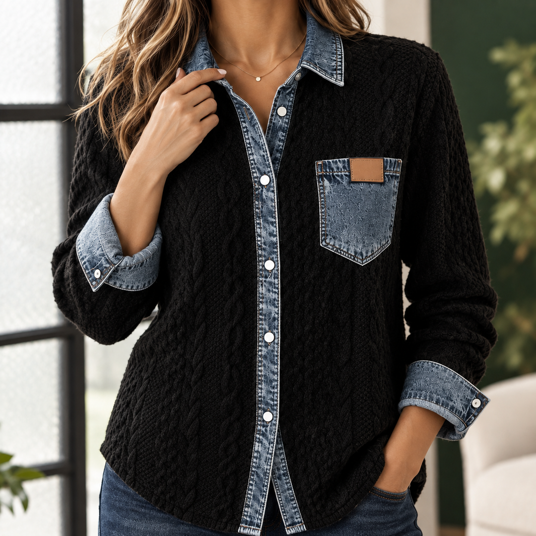 Women's Adrienne-Lane Cable Knit Overshirt in Black | Invictora.com