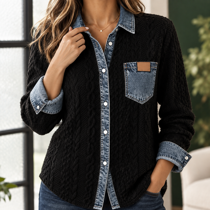 Women's Adrienne-Lane Cable Knit Overshirt in Black | Invictora.com