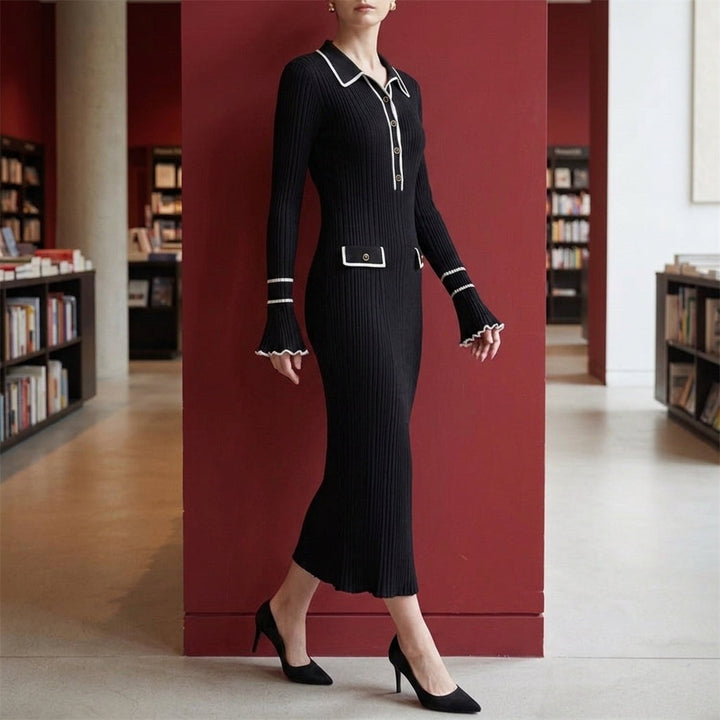 Women's Amelie Ribbed Midi Dress in Long Skirt Black | Invictora.com