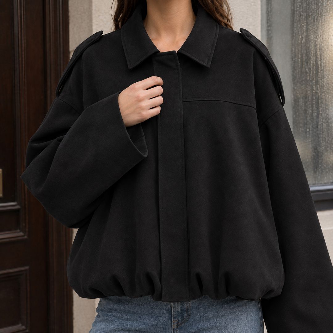 Women's Elise-June Suede Bomber Jacket in Black | Invictora.com