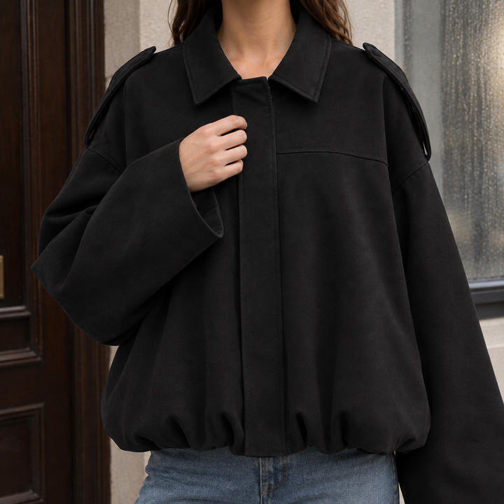Women's Elise-June Suede Bomber Jacket in Black | Invictora.com