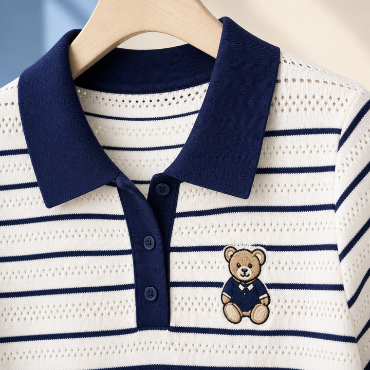 Women's Bronwen-Grace Striped Polo Top in White Navy Stripes | Invictora.com