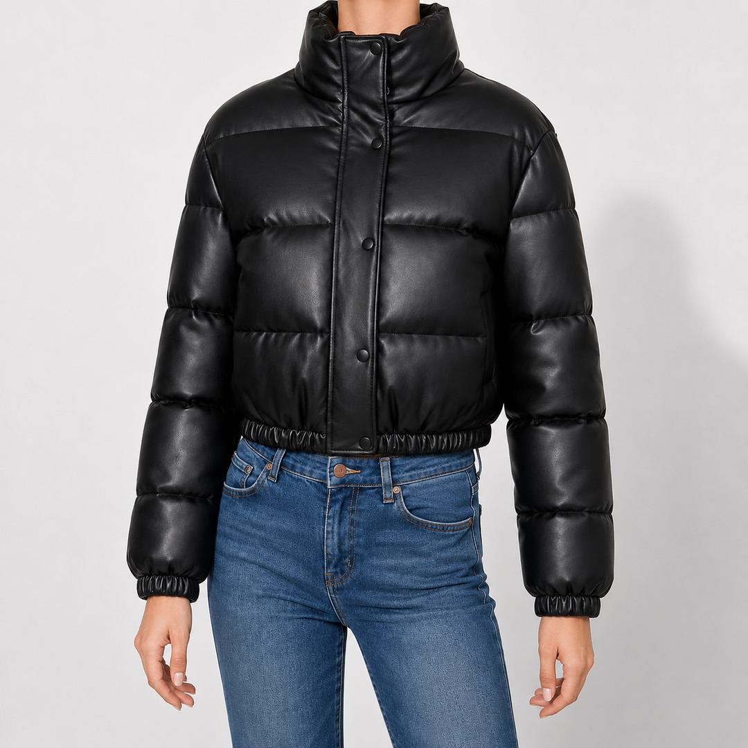 Women's Marden Faux Leather Puffer Jacket in Black | Invictora.com