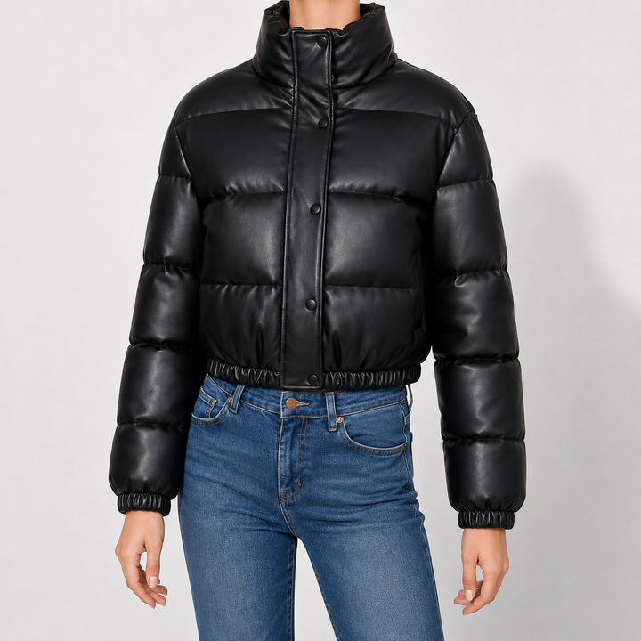 Women's Marden Faux Leather Puffer Jacket in Black | Invictora.com