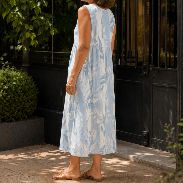 Women's Iris Botanical Midi Dress in Light Blue Leaf Print | Invictora.com