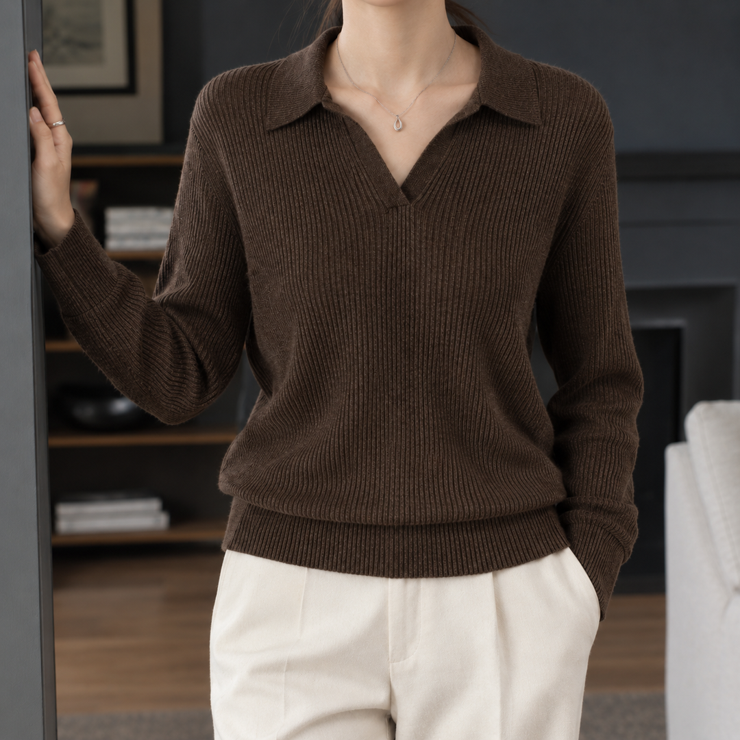 Women's Xaviera-Elise Ribbed Polo Sweater in Brown | Invictora.com
