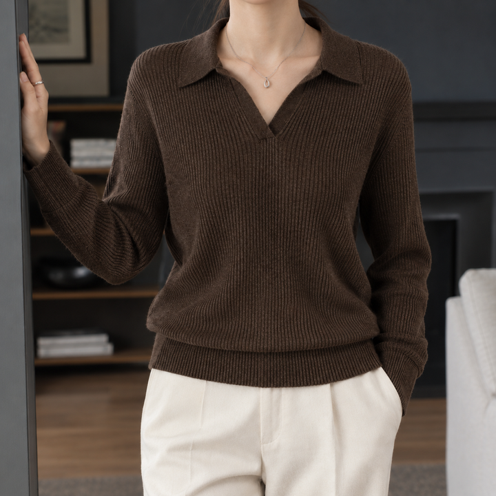 Women's Xaviera-Elise Ribbed Polo Sweater in Brown | Invictora.com