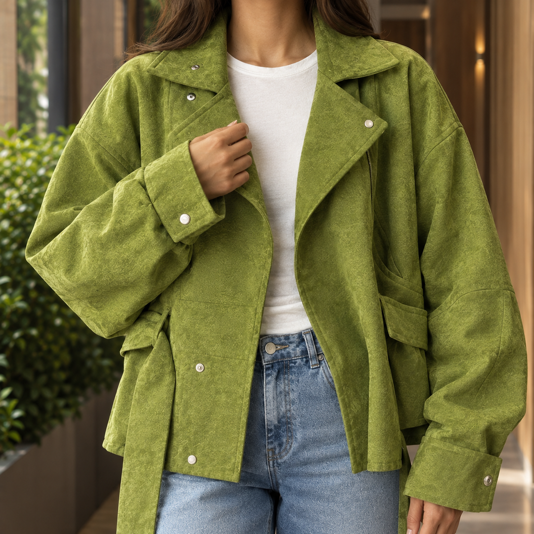 Women's Desiree-Marie Belted Moto Jacket in Yellow Green | Invictora.com