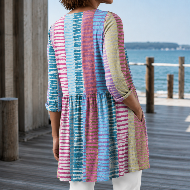 Women's Tabitha-Claire V-Neck Tunic in Multicolor Stripe | Invictora.com