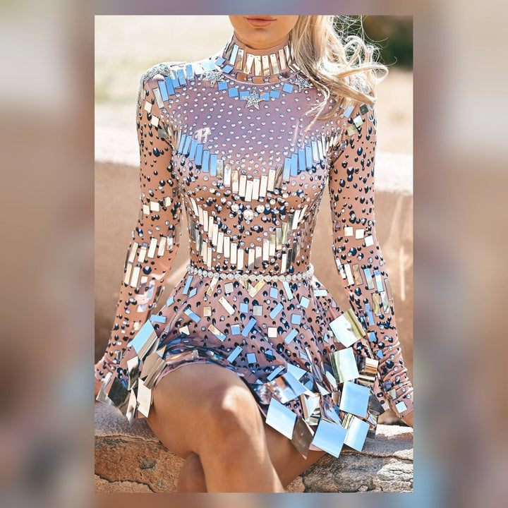 Women's Cleo Crystal Embellished Mini Dress in Beige | Invictora.com