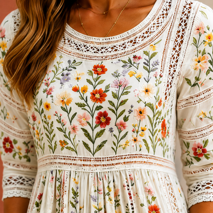 Women's Harriet-Pearl Meadow Midi Dress in Cream Wildflower | Invictora.com