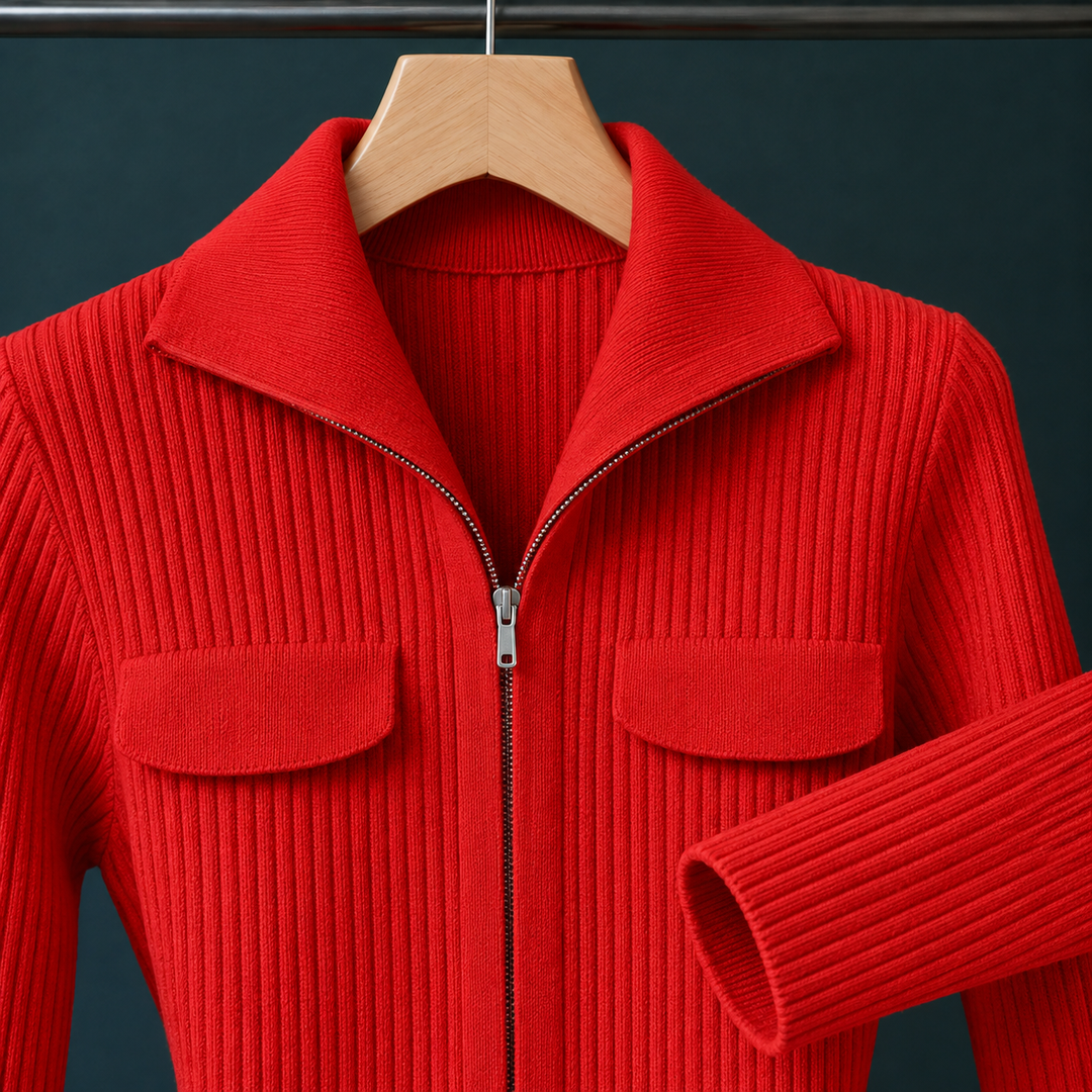 Women's Evelina-Claire Ribbed Zip Cardigan in Red | Invictora.com
