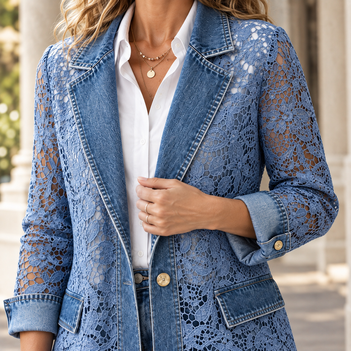 Women's Carmen-Elise Lace Panel Jacket in Denim Blue | Invictora.com