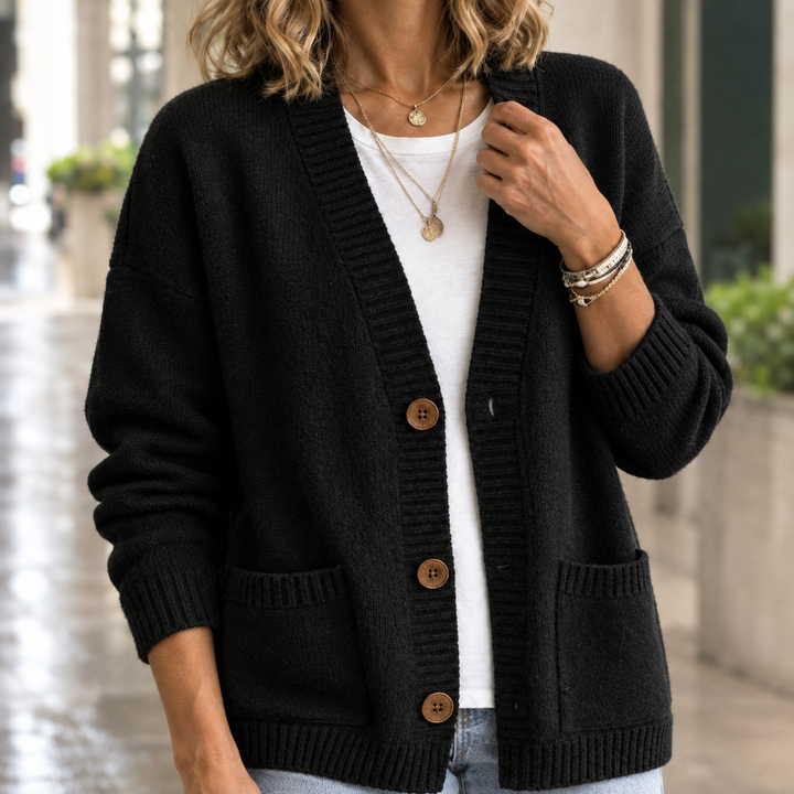 Women's Cassidy V-Neck Cardigan in Black | Invictora.com