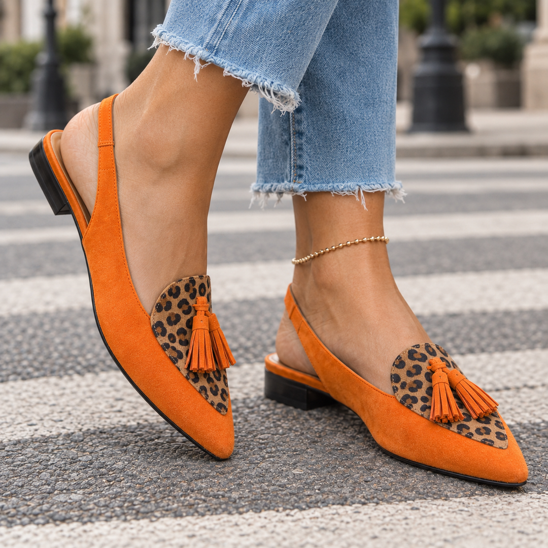 Women's Rimini Tassel Slingbacks in Orange Leopard | Invictora.com