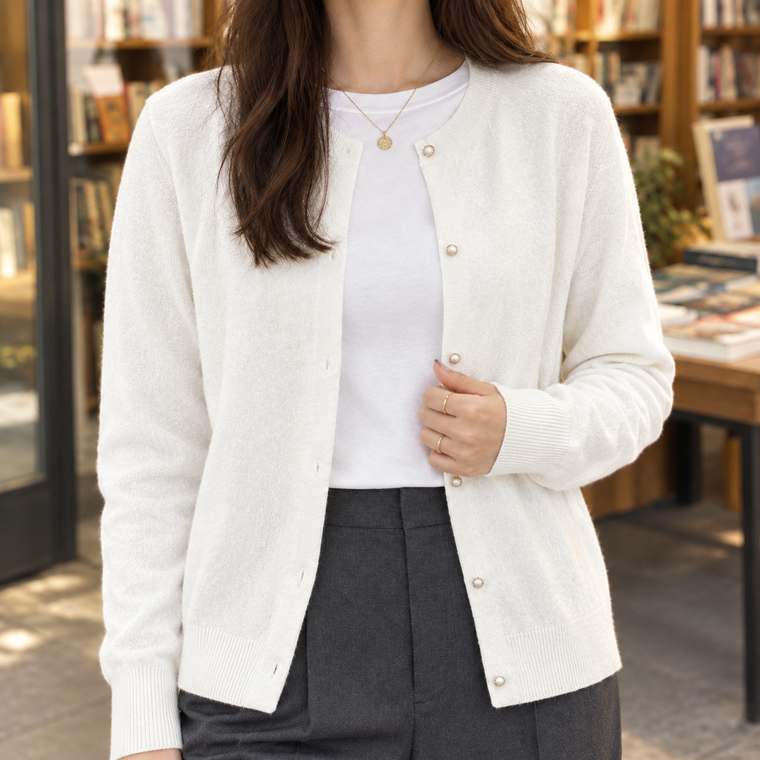 Women's Brigitta-Sage Pearl Cardigan in White | Invictora.com