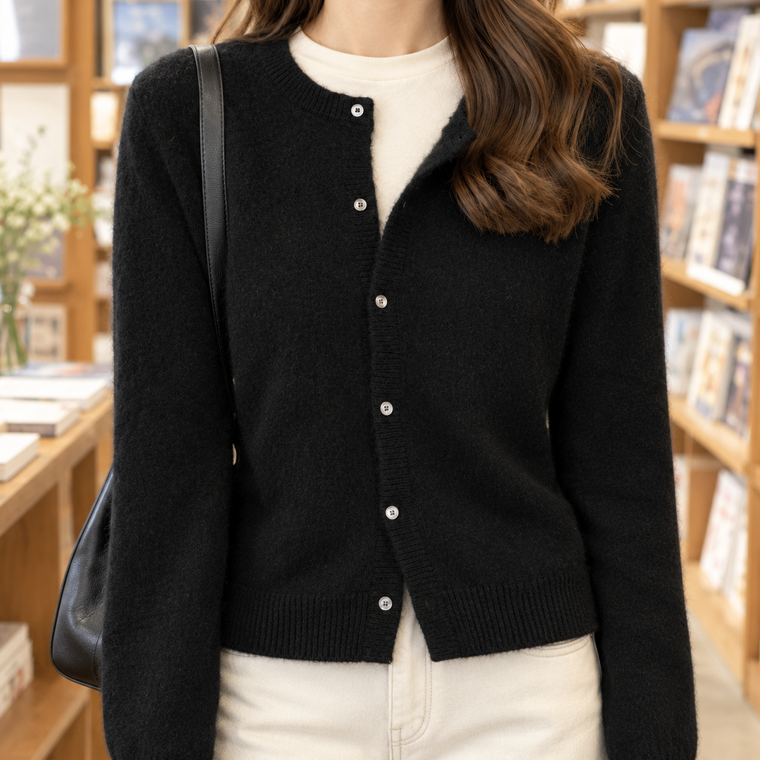 Women's Augustine Round Neck Cardigan in Black | Invictora.com