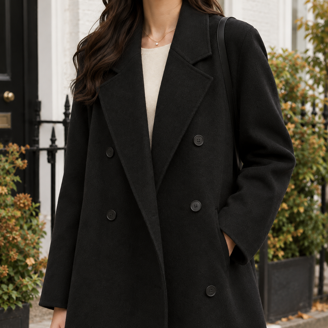 Women's Capucine-Pearl Double-Breasted Coat in Black | Invictora.com