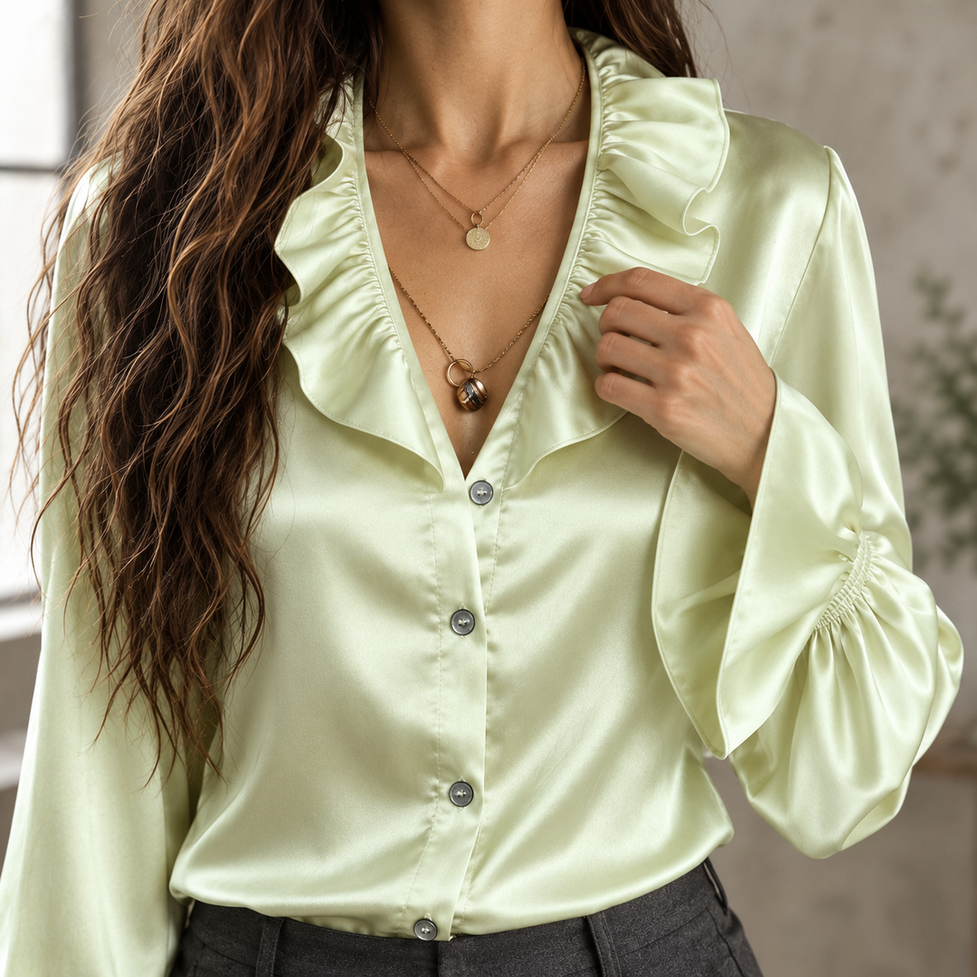 Women's Sabrina Ruffle Neck Blouse in Light Green | Invictora.com