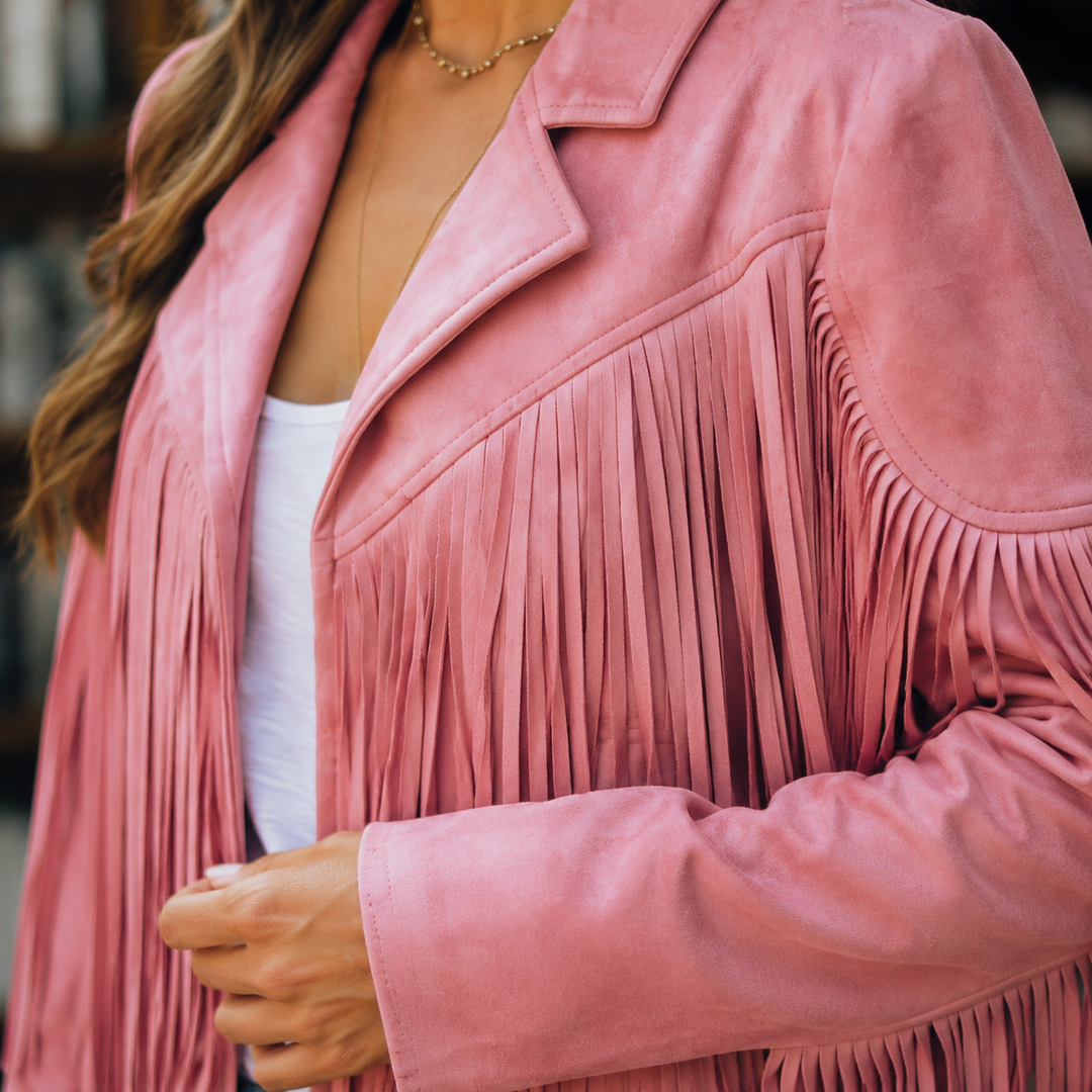 Women's Giselle-Grace Fringe Jacket in Pink | Invictora.com