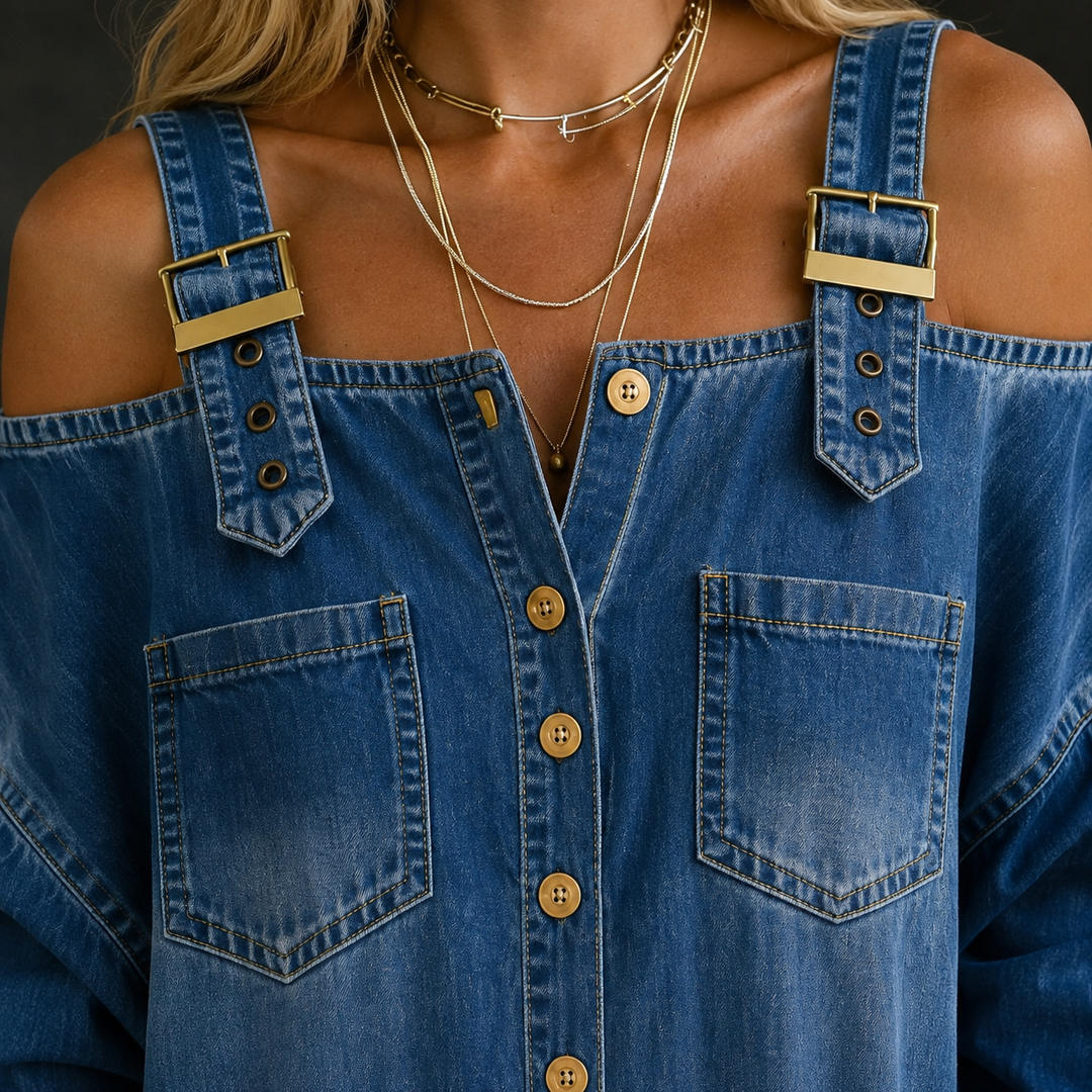 Women's Talia-Jane Off Shoulder Jumpsuit in Medium Blue | Invictora.com