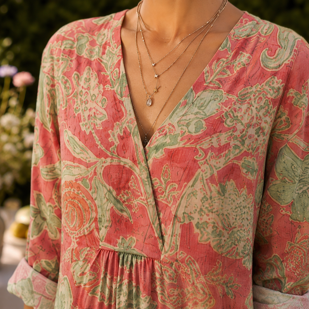 Women's Agnes-Marie Empire Maxi Dress in Coral Sage Floral | Invictora.com