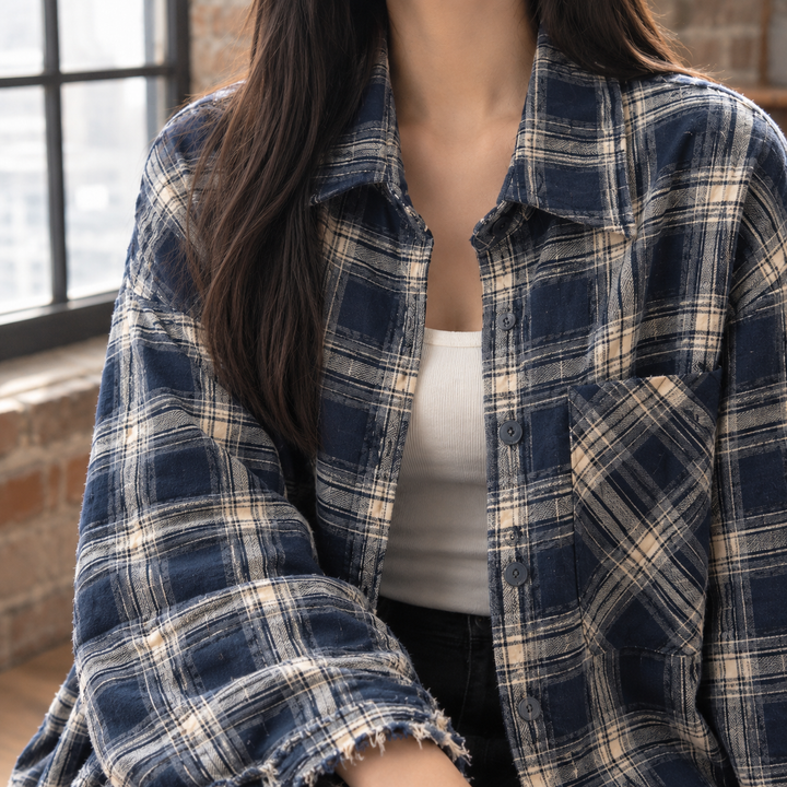 Women's Godiva Plaid Overshirt in Navy Blue Plaid | Invictora.com
