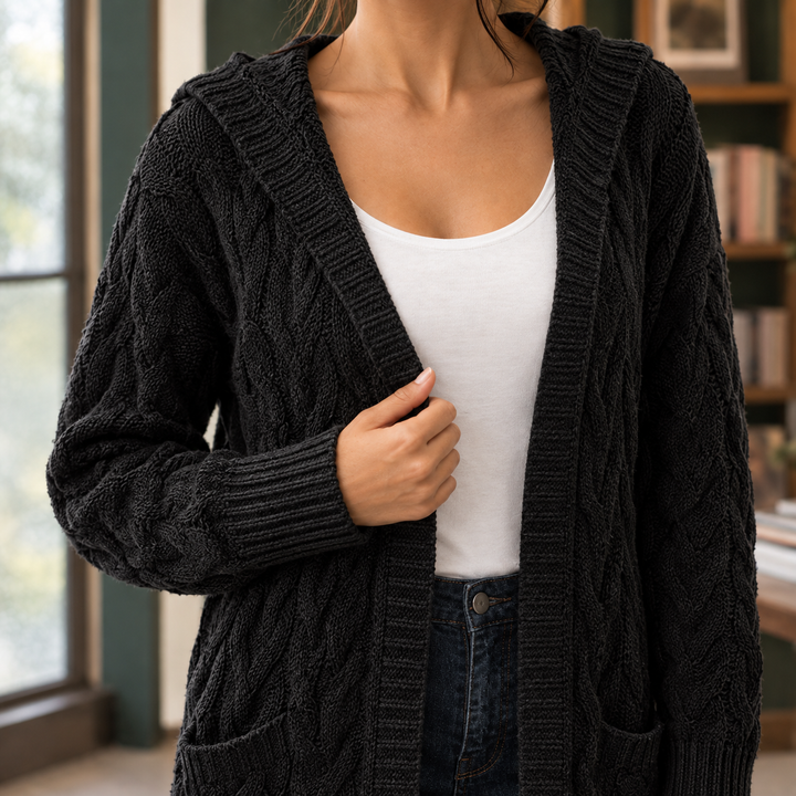 Women's Open-Front Hooded Cable-Knit Long Cardigan