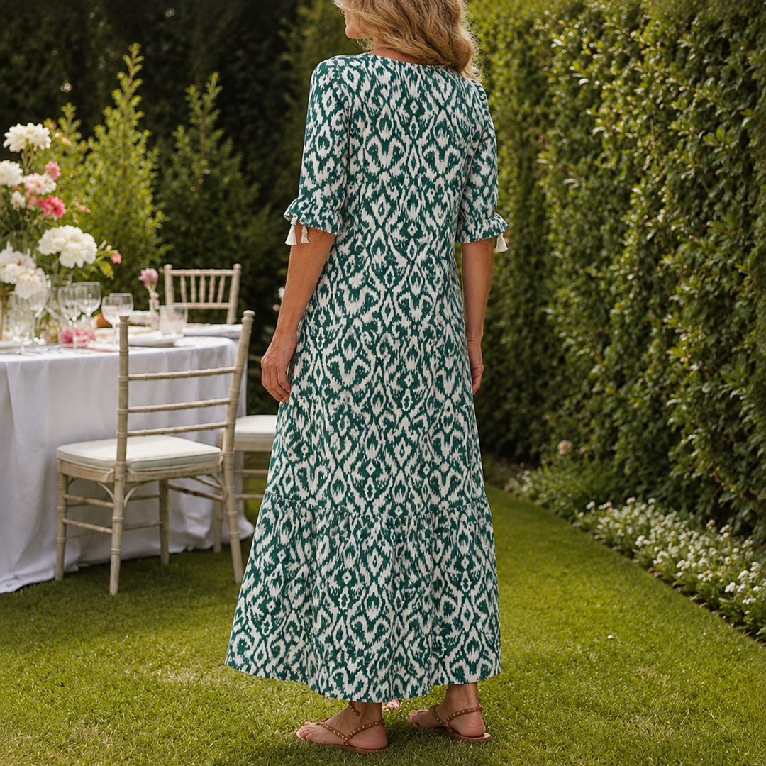 Women's Ada Ikat Maxi Dress in Dark Green | Invictora.com