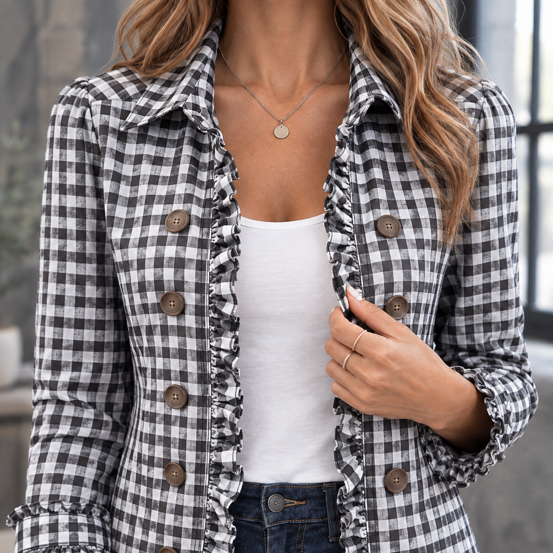Women's Sharon-Marie Ruffle Overshirt in Black Gingham | Invictora.com