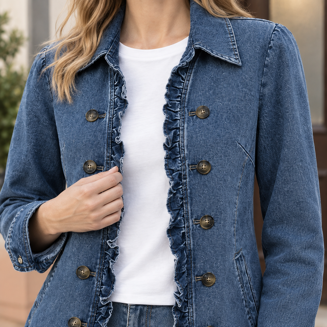 Women's Vivienne-Sage Ruffle Denim Jacket in Blue Denim | Invictora.com