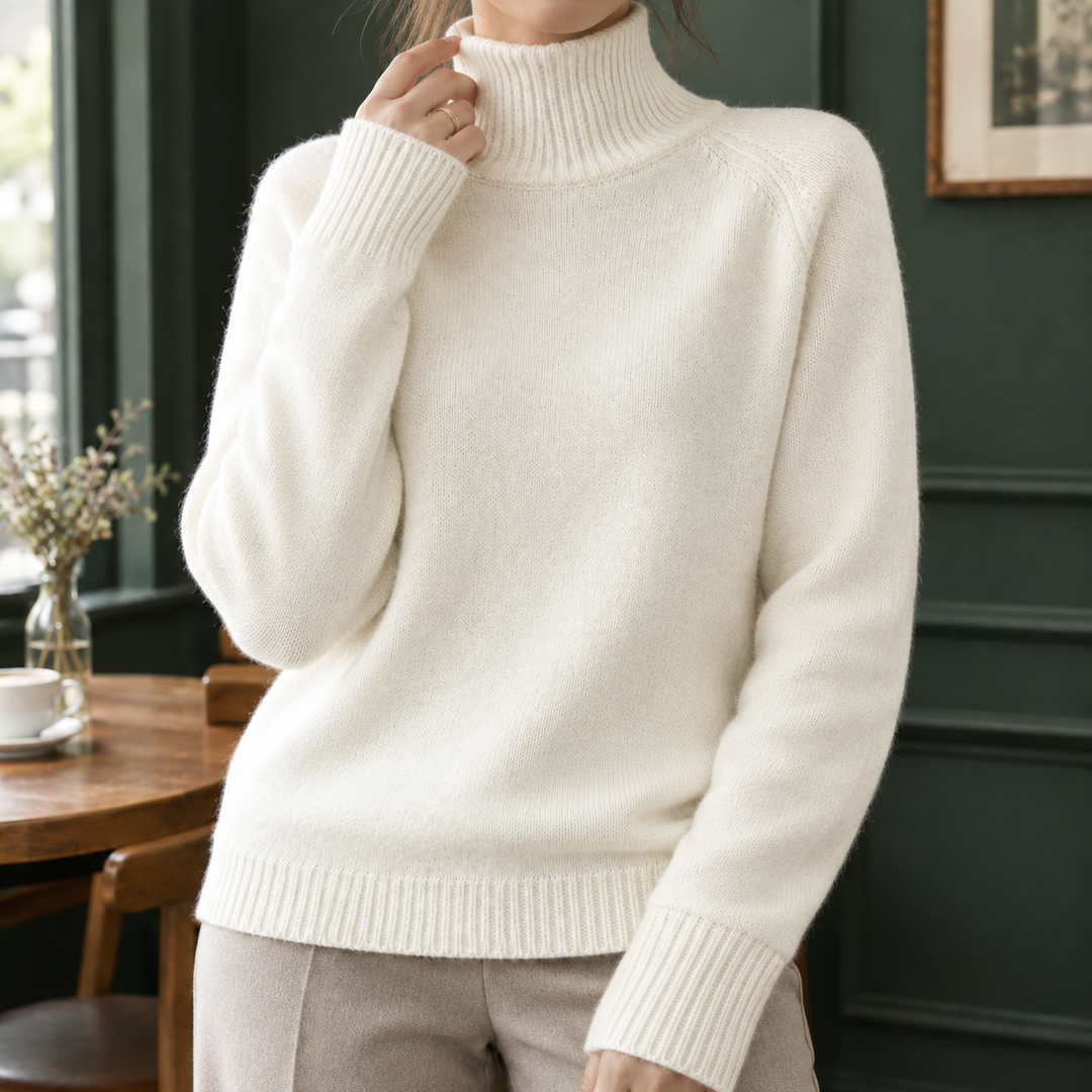 Women's Rosalind-Pearl Ribbed Turtleneck Sweater in White | Invictora.com