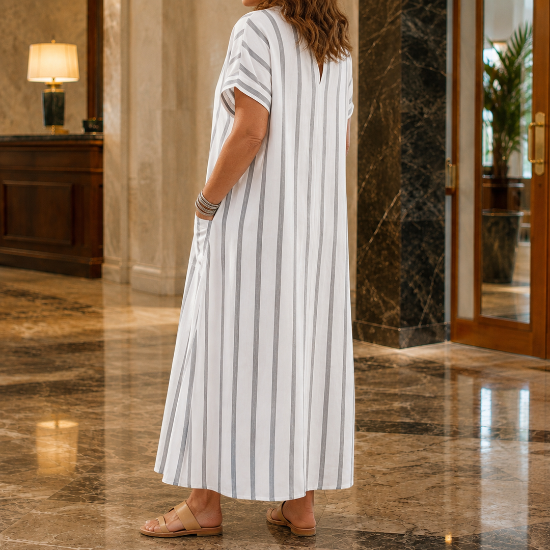 Women's Tallulah Striped Maxi Dress in White and Gray | Invictora.com