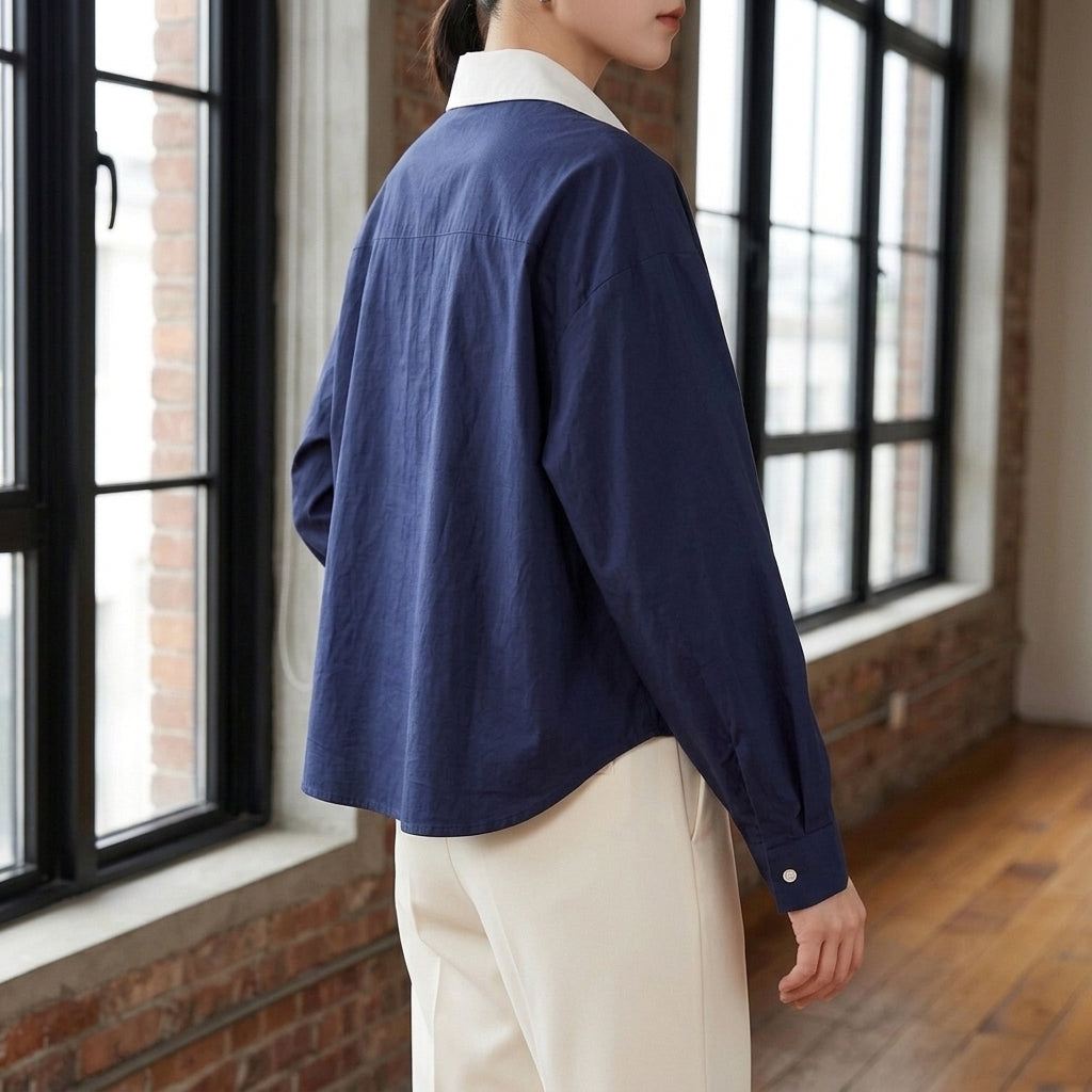 Women's Vivienne Contrast Collar Top in Navy Blue | Invictora.com