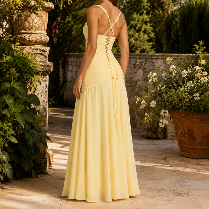 Women's Oriana-Claire Ruched Maxi Dress in Yellow | Invictora.com