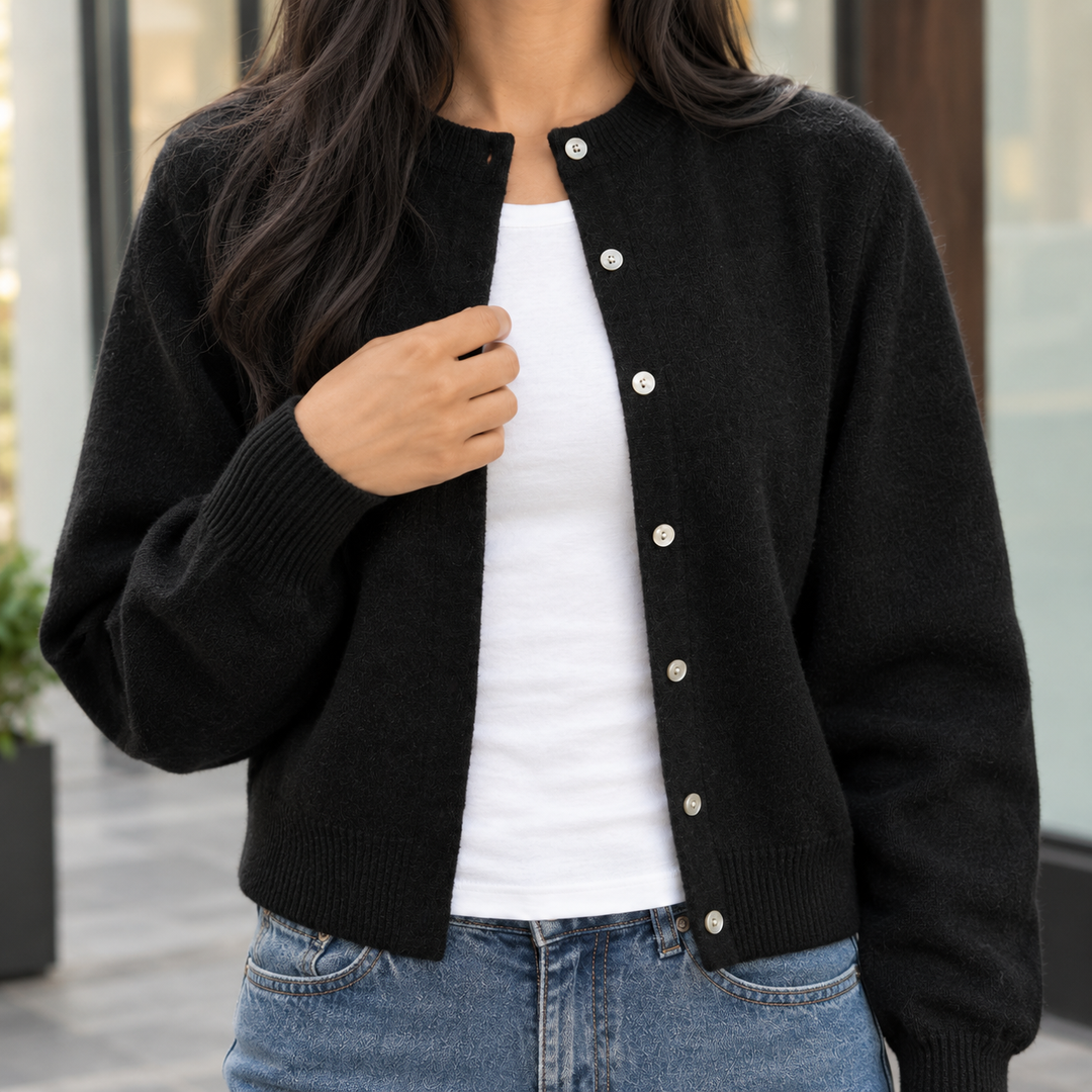 Women's Pomeline-Eve Round Neck Cardigan in Black | Invictora.com