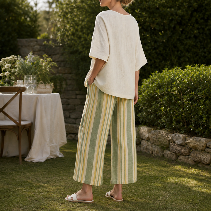 Women's Tabitha Linen Set in Olive Stripe | Invictora.com