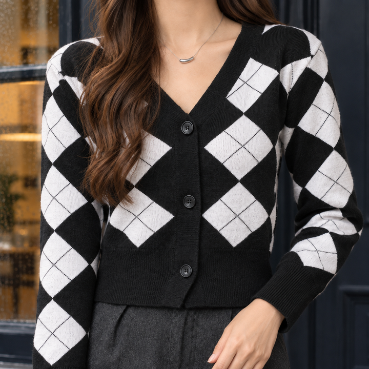 Women's Adeline-Jade Argyle Cardigan in Black | Invictora.com