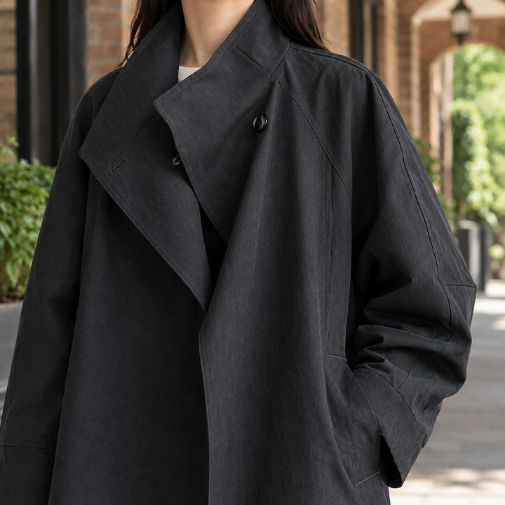 Women's Ariadne-Claire Stand Collar Overcoat in Dark Charcoal | Invictora.com