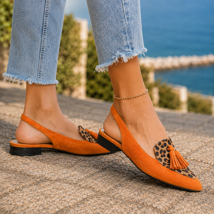 Women's Lecce Tassel Slingbacks in Orange and Leopard | Invictora.com