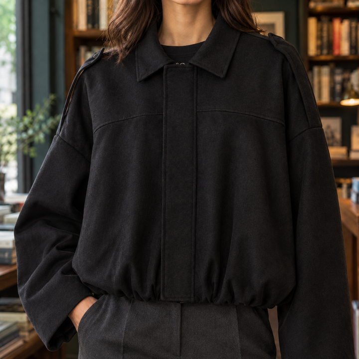 Women's Riley-Skye Suede Bomber Jacket in Black | Invictora.com
