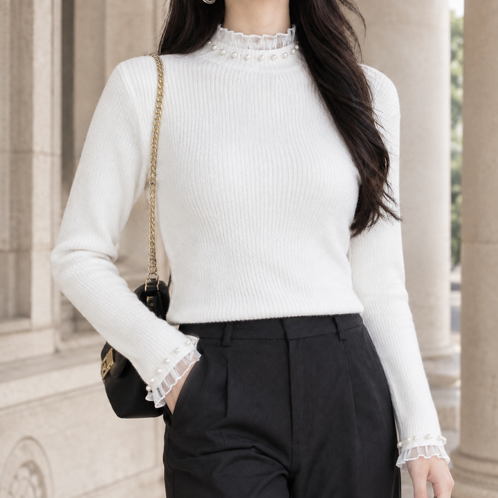Women's Idalia-Rae Pearl Trim Sweater in Black | Invictora.com