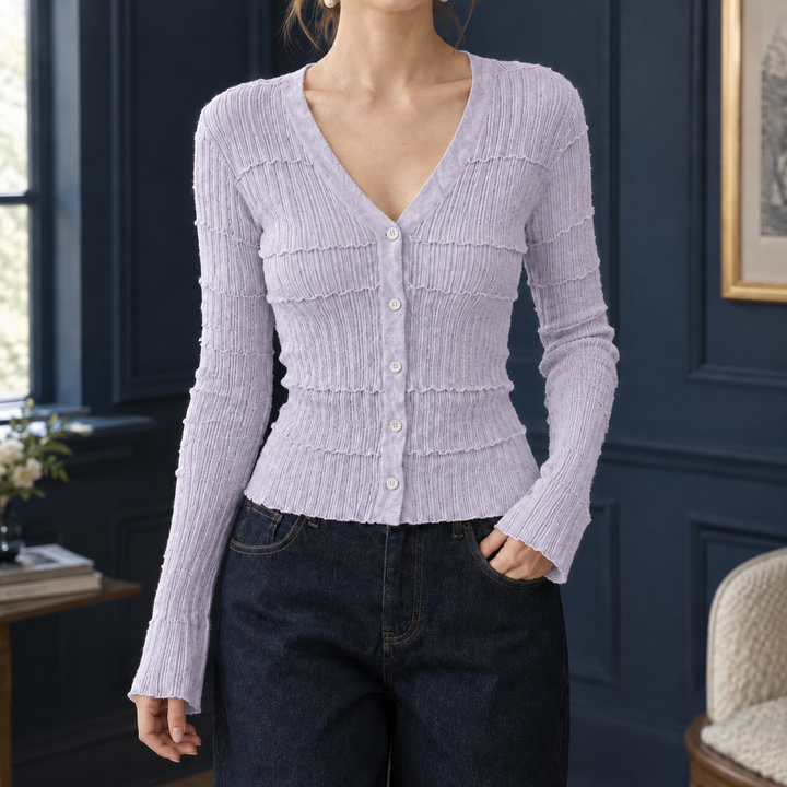 Women's Fitted V-Neck Rib-Knit Button-Up Cardigan