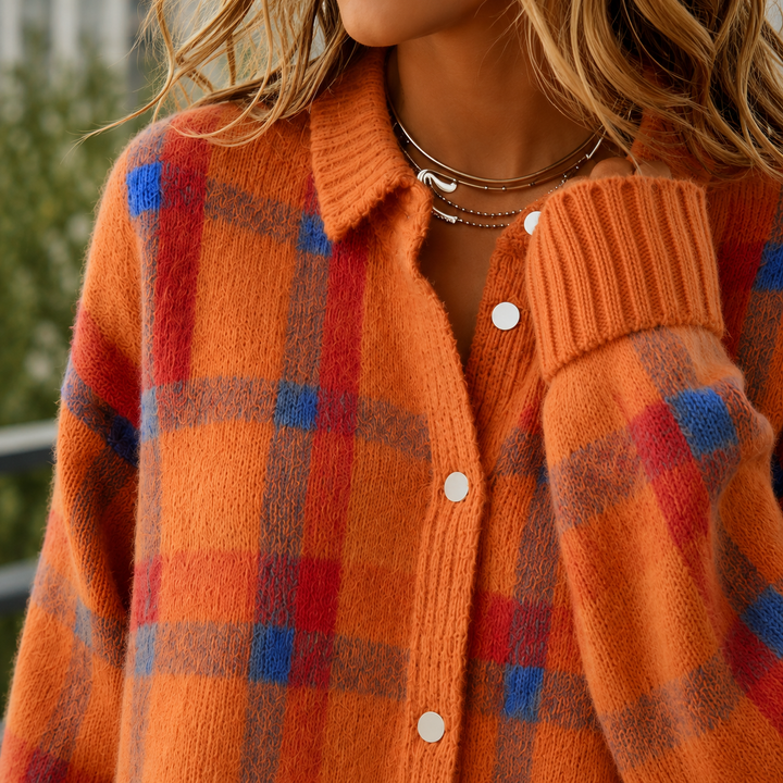 Women's Faye Plaid Sweater in Orange | Invictora.com