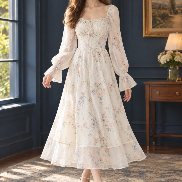 Women's Mireille-Pearl Floral Midi Dress in White Blue Floral | Invictora.com