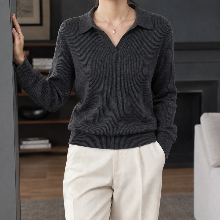 Women's Xaviera-Elise Ribbed Polo Sweater in Brown | Invictora.com