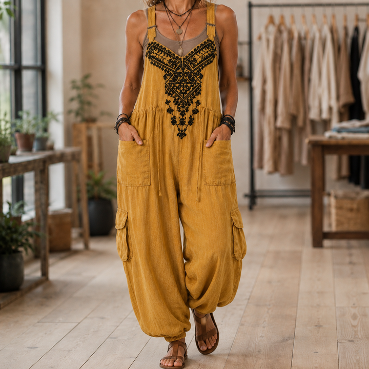 Women's Celeste-Rose Embroidered Jumpsuit in Denim Blue | Invictora.com
