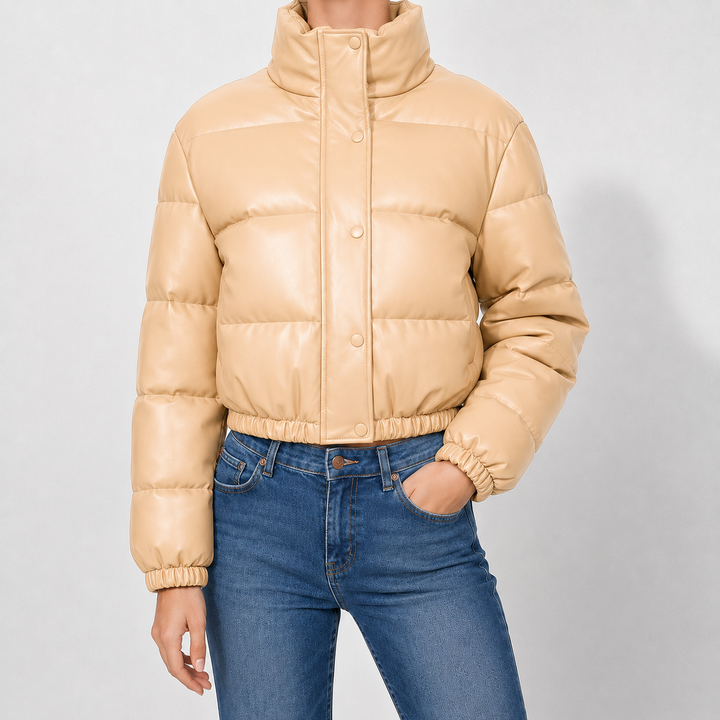 Women's Marden Faux Leather Puffer Jacket in Black | Invictora.com